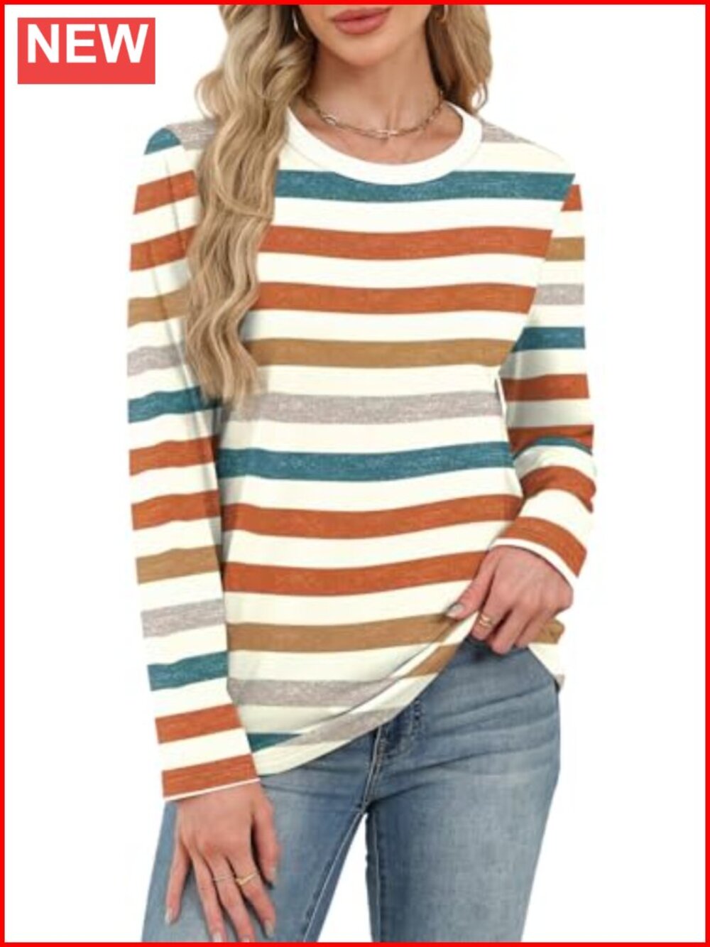 Womens Striped Long Sleeve Ribbed Crewneck Tee Fall Casual Blouse - Picture 2 of 6